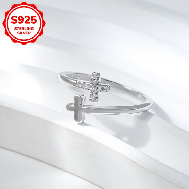 Silver Double Cross Zirconia Women's Adjustable Ring
